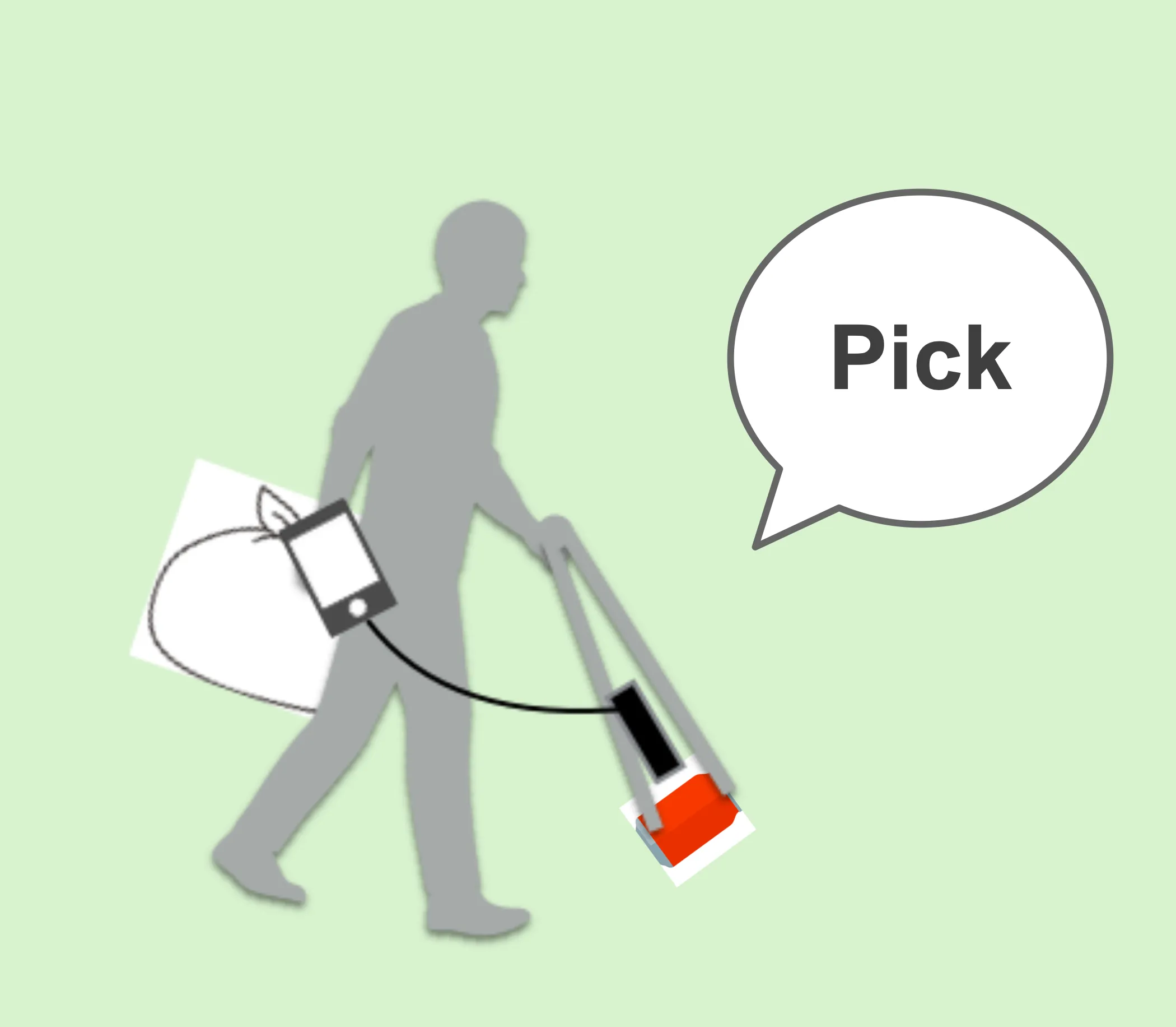 IoTトングをスマートフォンに接続した状態で空き缶を拾っている様子